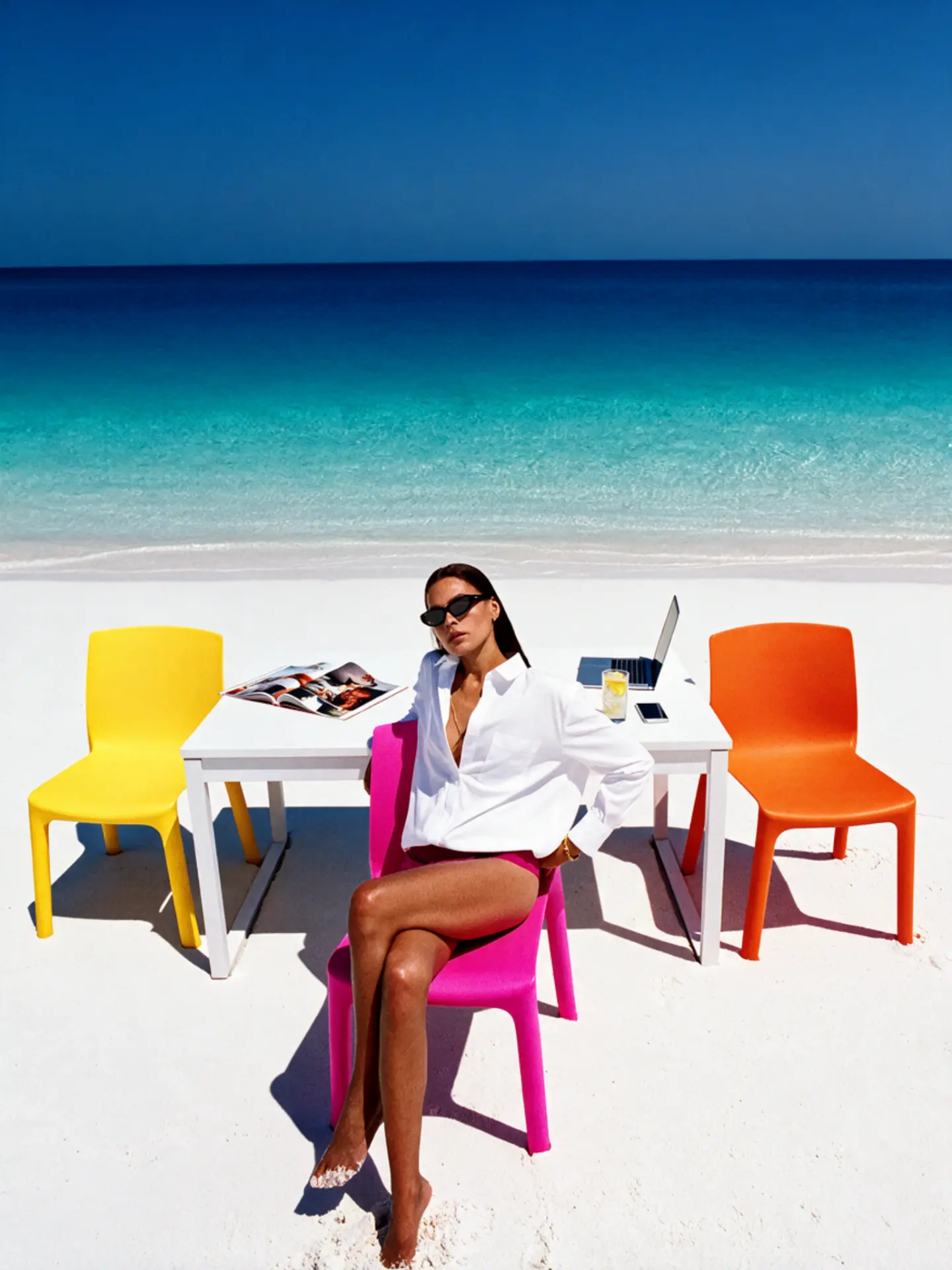 Woman in sunglasses and an open white shirt sitting at a white desk on a white-sand beach with yellow, pink and orange chairs, turquoise ocean behind her