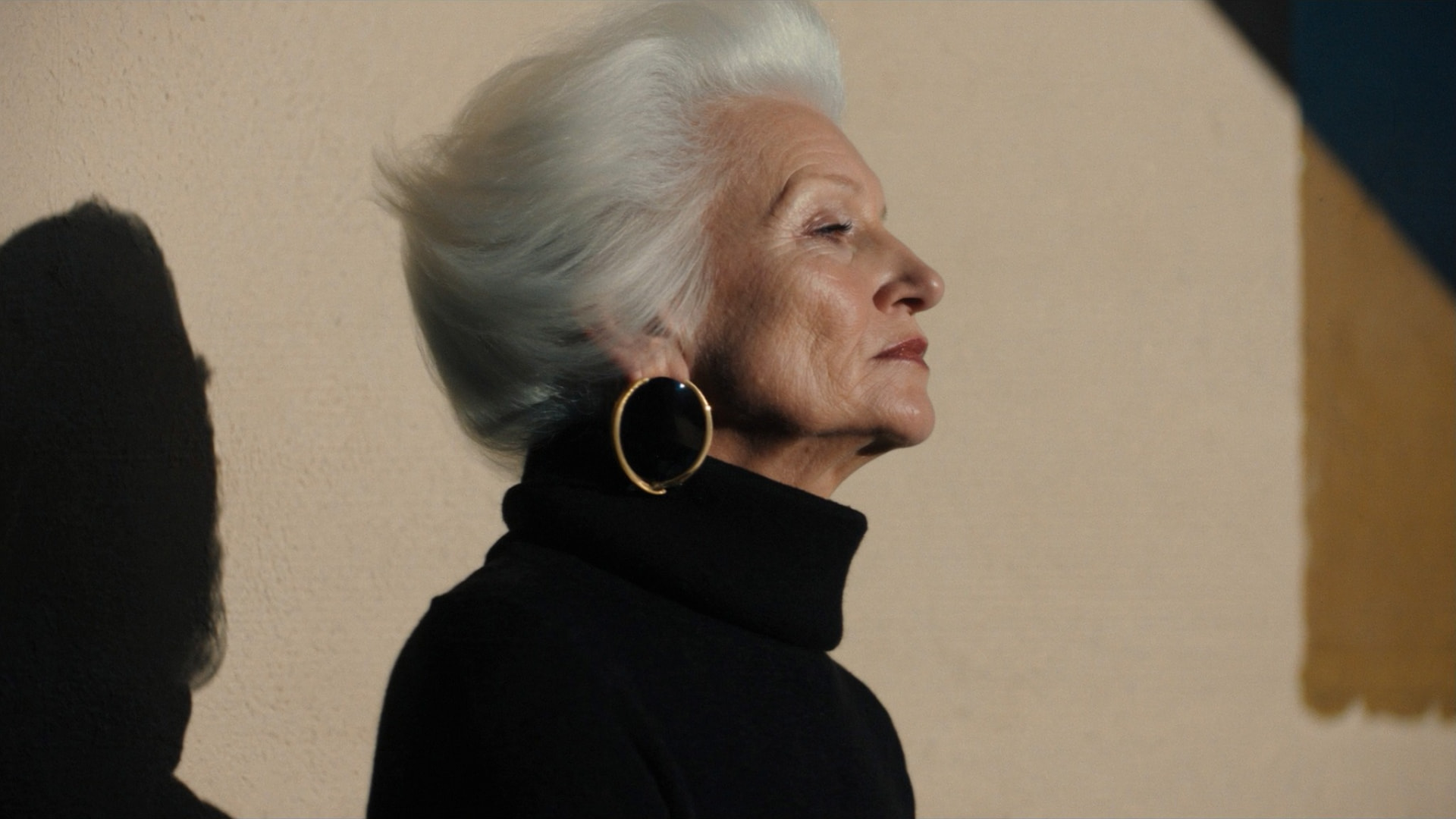 An elegant senior woman in profile, silver hair and black turtleneck, in warm light