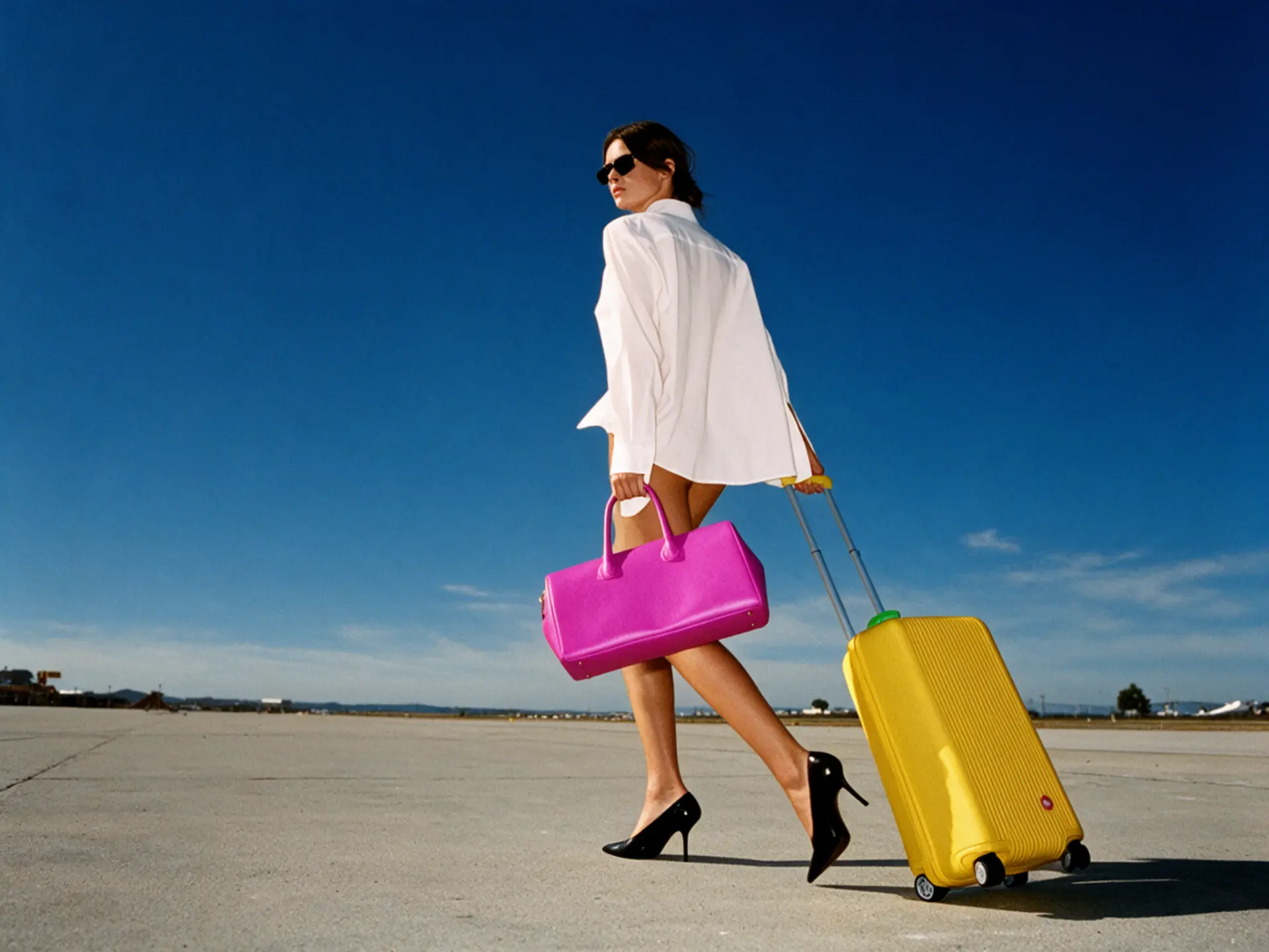 Woman walking with luggage toward a new life